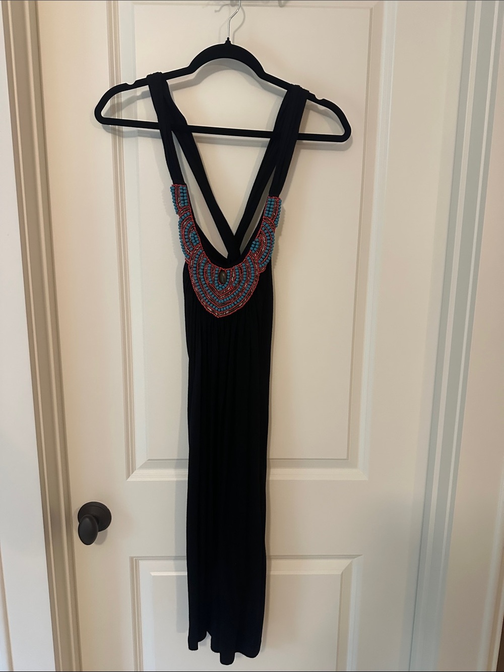 Romeo & Juliet Couture Black Midi Dress with Blue & Red Beaded Neckline